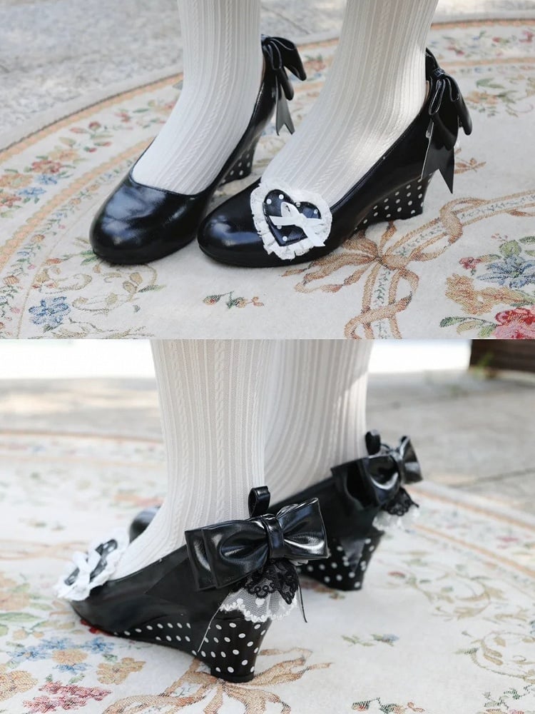 - Polka-dot Heels Heel Sweet Lolita Pattern Wedge Black