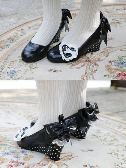 - Polka-dot Heels Heel Sweet Lolita Pattern Wedge Black