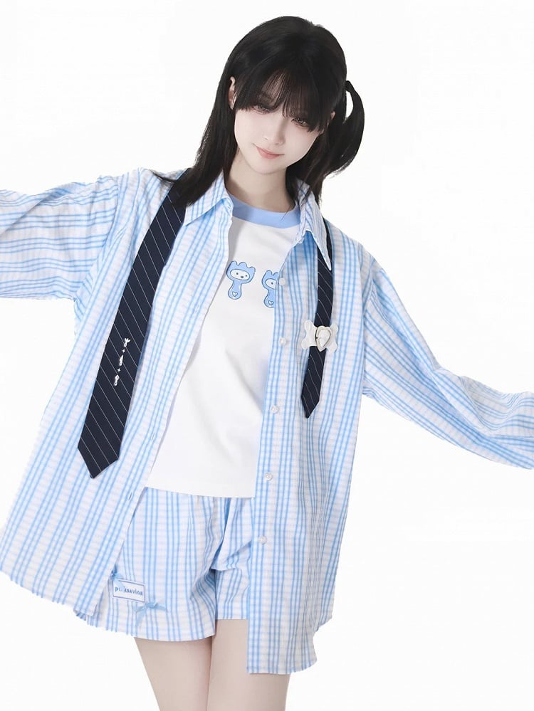 Round Neck Cute Cartoon Print T-Shirt Contrast Trim White Blue