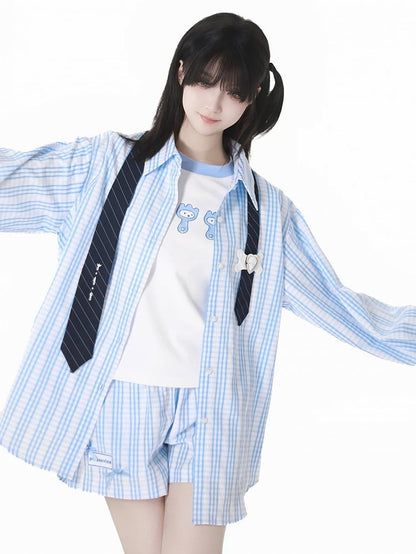 Round Neck Cute Cartoon Print T-Shirt Contrast Trim White Blue