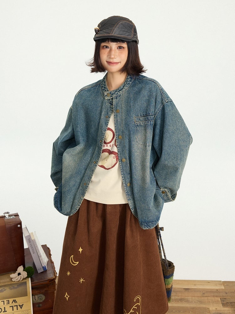 Design Vintage Jacket Distressed Snap Blue Denim Placket