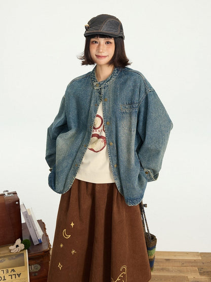 Design Vintage Jacket Distressed Snap Blue Denim Placket