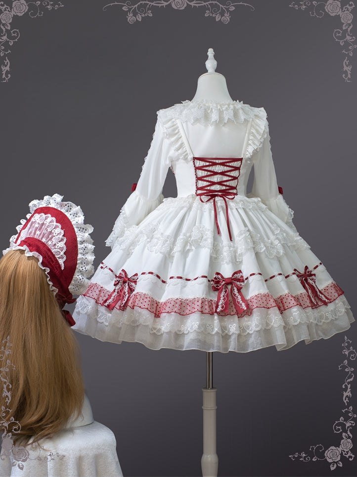 Weiß und Weinrot Schnürung Schleife Akzente Spitzenbesatz Süßes Prinzessinnenkleid Lolita Pulloverrock