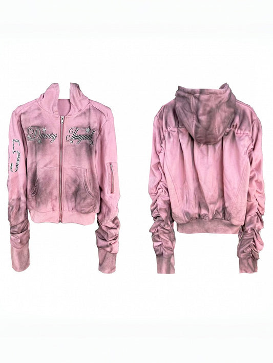 Genderless Punk Vintage Pink Zip-Up Hoodie with Letter Print - DETW OnLine
