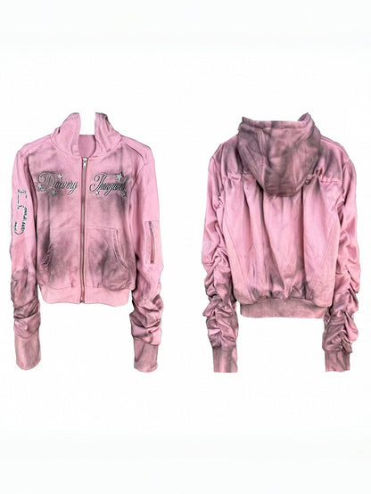 Washed Pink Zip Hoodie with Letter Print - DETW OnLine