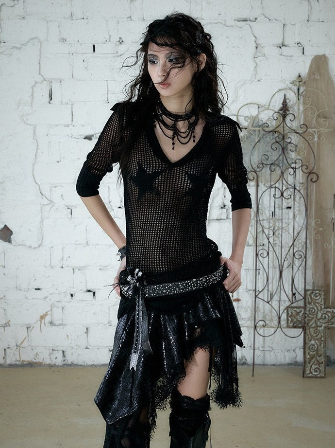Black Star Pattern V-Neck Knit Top Hollow Out Punk - NO ROMANCE