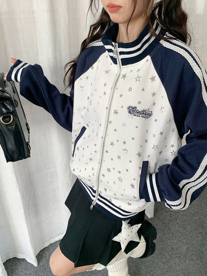 White Dark Blue Striped Star Print Jacket - Solkatt