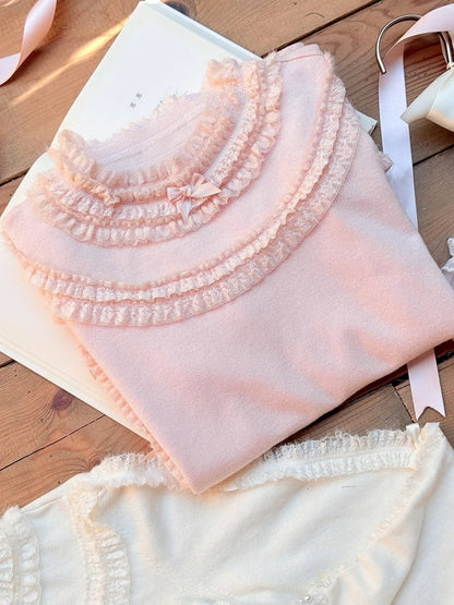 and Lace Lolita Pink with Long Top Neckline Cuffs Sleeves