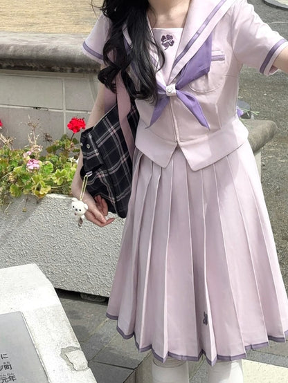 Print Skirt Uniform JK Pruple Style Pleated Preppy Clover Four-leaf