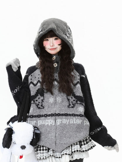 Hoodie Jacket Pink/Black Letter with Daily in Puppy Pattern Graphics Kawaii