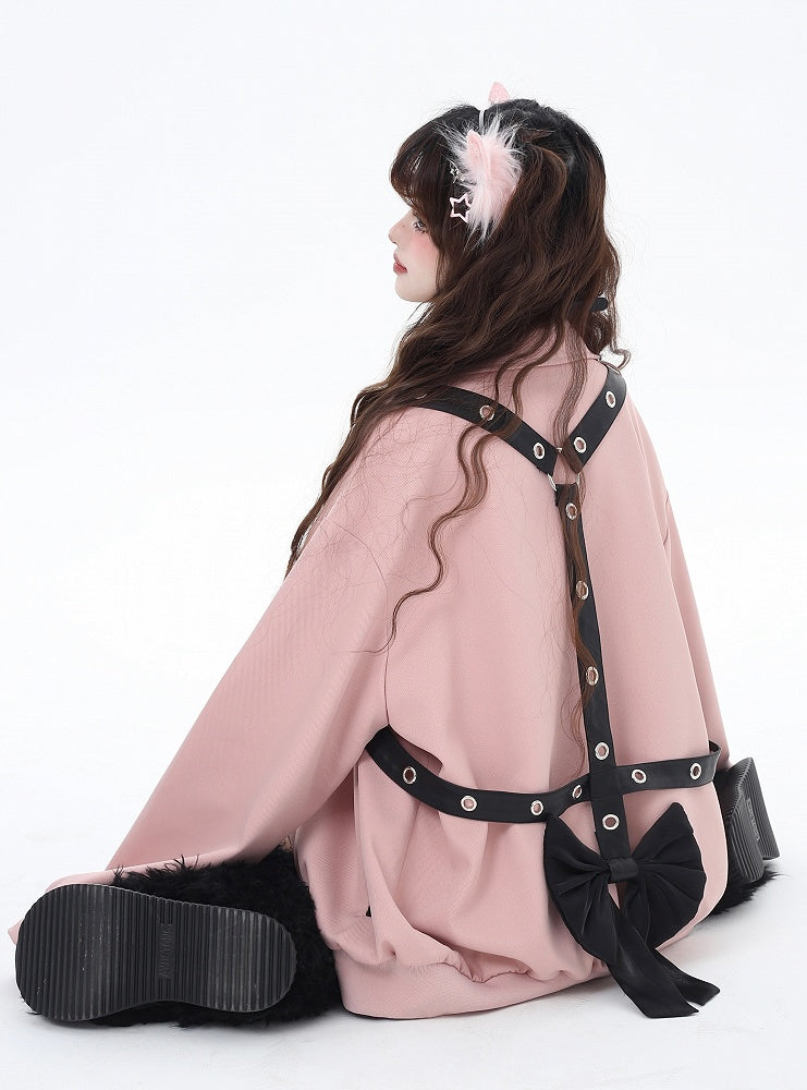 Pink Heart-shaped Snap Baseball Jacket with Detachable Bowknot Strap