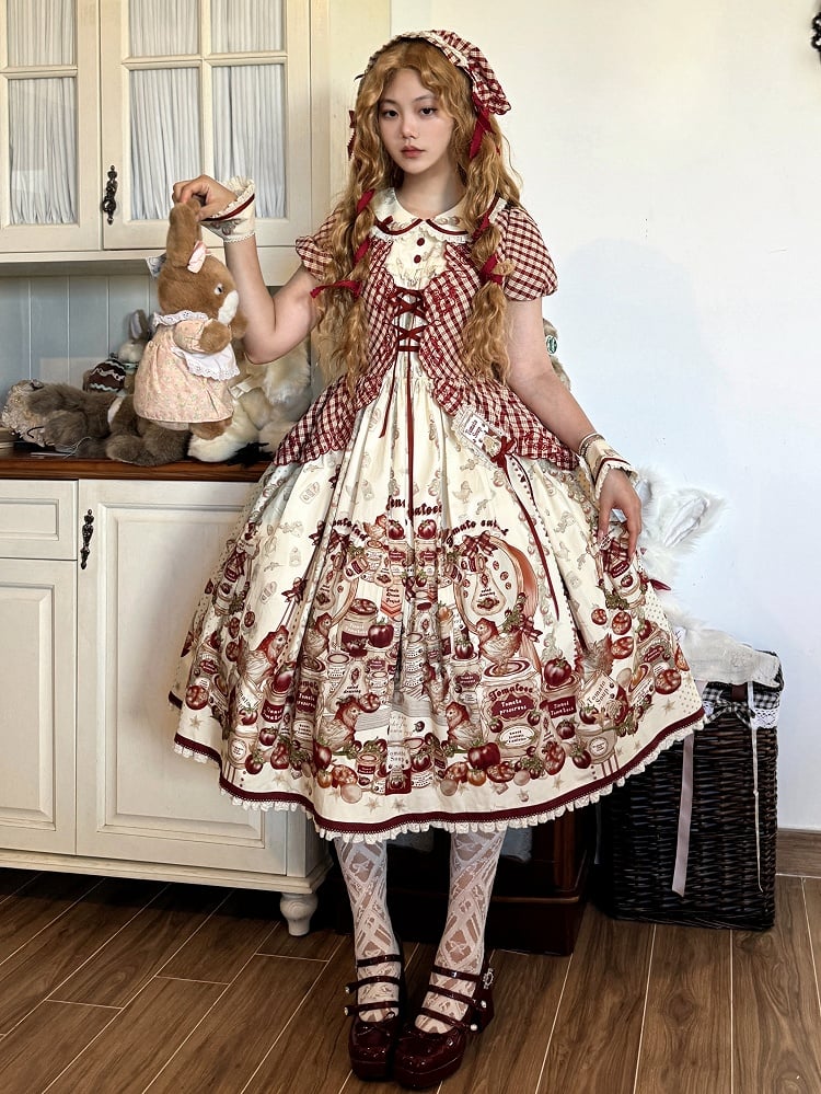 Rotes Country Lolita-Kurzkleid mit karierten Ärmeln und Muster und Aufdruck „Dosentomatoes“