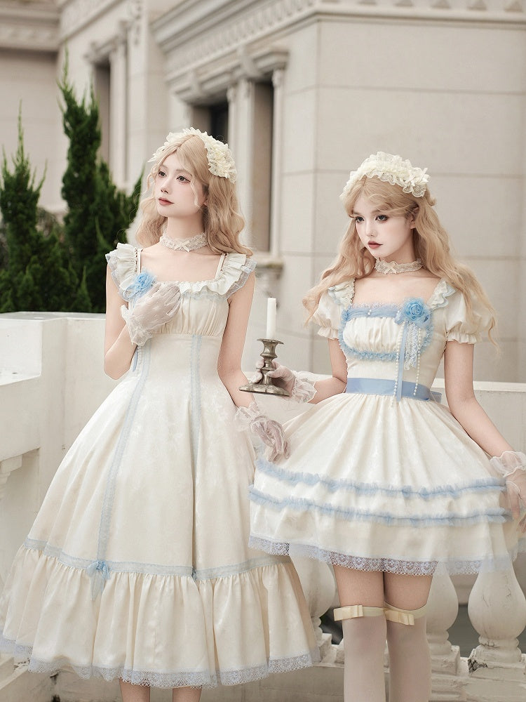 Slim Beige Waist Light Lolita Blue Dress Neckline and Versatile Fit