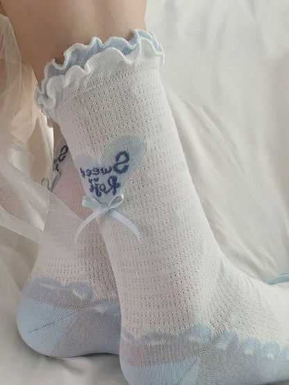 Polka Dot Heart Ankle Socks with Ruffle Lace Trim, 8 Colors - ROJI ROJI