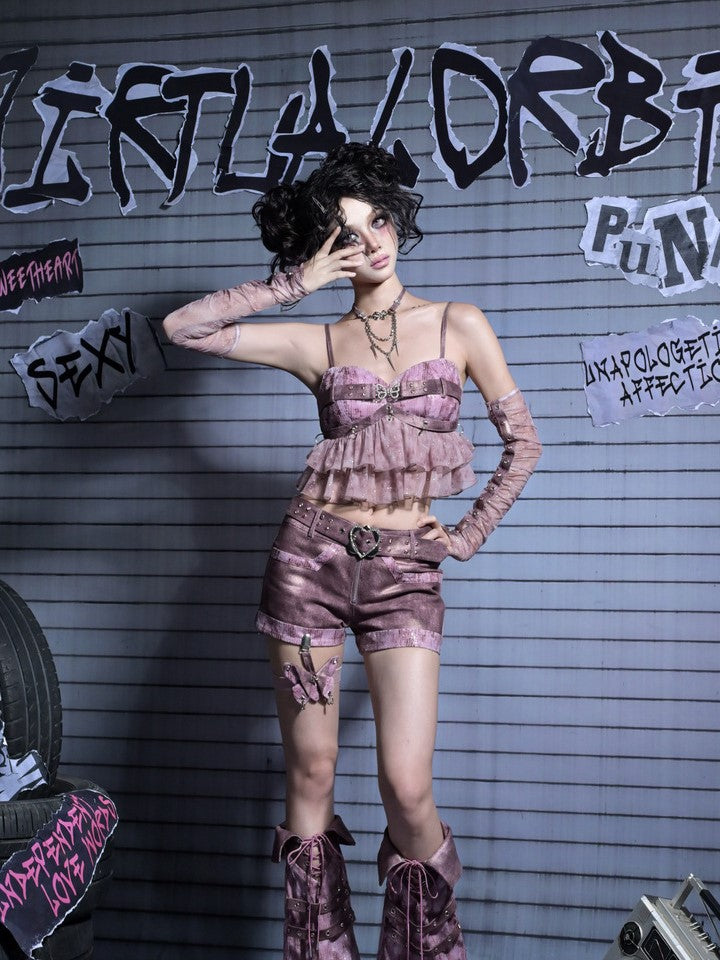 Peplum Y2K Cami Detachable with Sequin Butterfly Crop Punk Pink Rhinestone Pastel