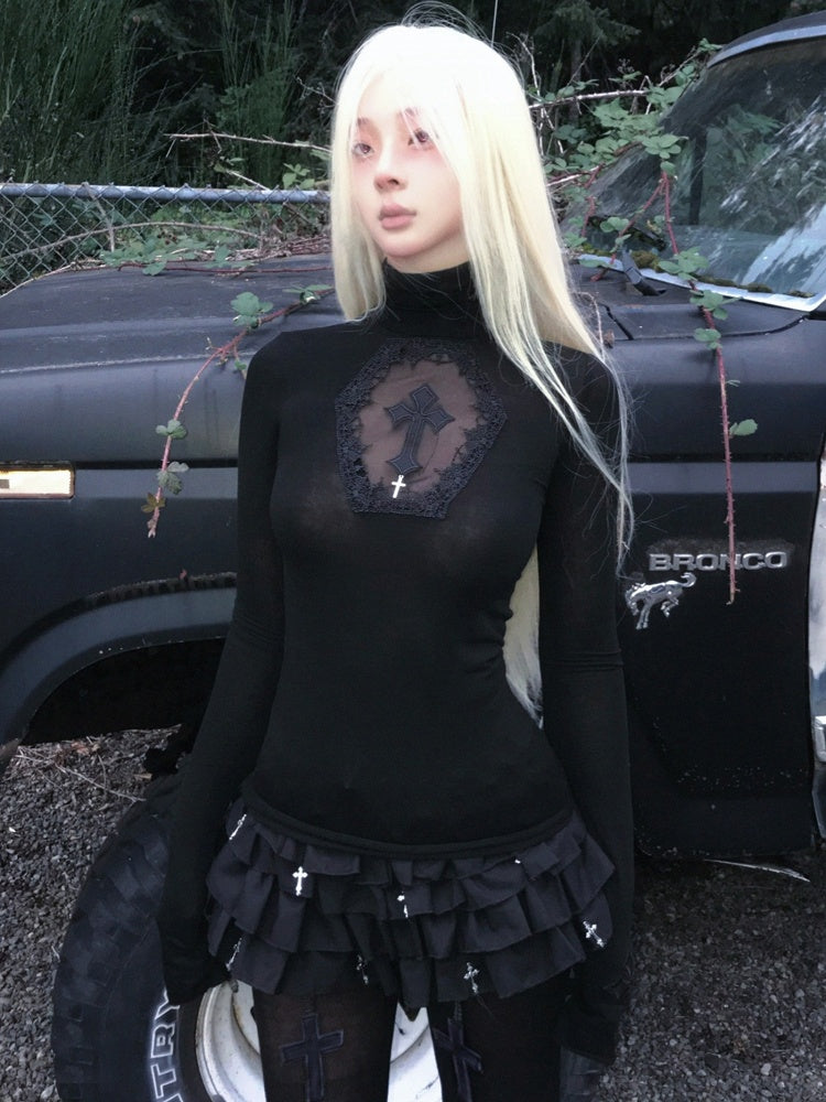 Coffin Sleeves Crosses Cutout High Top Adorned Black Neck Gothic Long