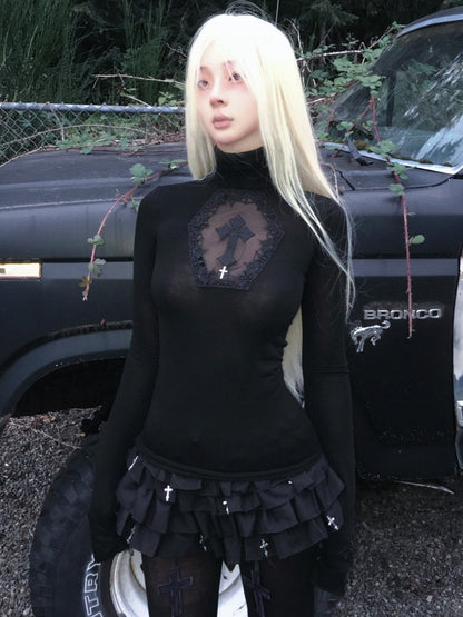 Coffin Sleeves Crosses Cutout High Top Adorned Black Neck Gothic Long