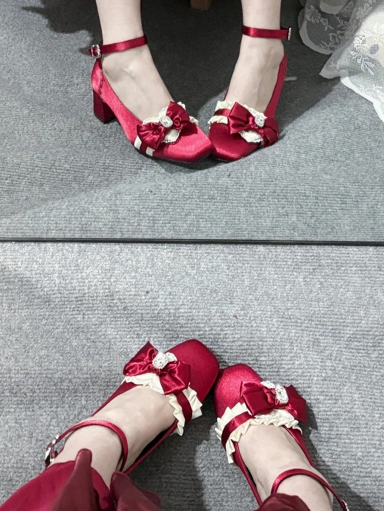 Red Bow Mary Rhinestone Lolita Ruffles on Decor Accents Applique Wine Heart Mid-heel Janes with for