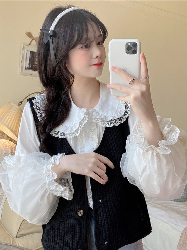 Puff Lace Trim Sleeve Long White Blouse Lolita