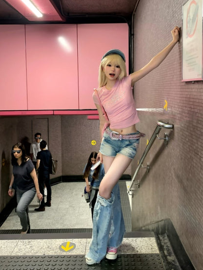 Cropped T-Shirt Embellished Pink Round Neck Rhinestones