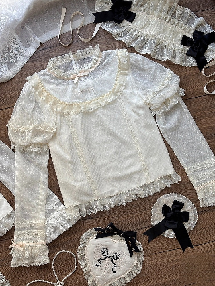 Dreamy Beige or White Lace Blouse with Removable Sleeves Lolita Style - Miss Cube Dressworks