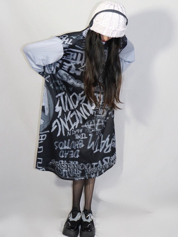 Modedruck Gyaru Kleid Grau Buchstabe