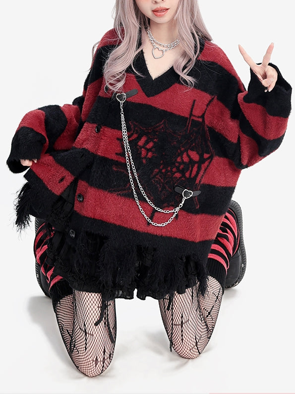 Y2K ブラック＆レッド スパイダーウェブ柄 ディストレストリム Vネック ストライプ セーター バックルストラップ チェーン付き