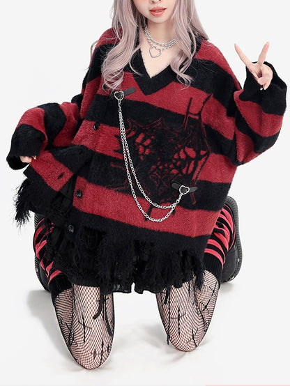 Y2K ブラック＆レッド スパイダーウェブ柄 ディストレストリム Vネック ストライプ セーター バックルストラップ チェーン付き