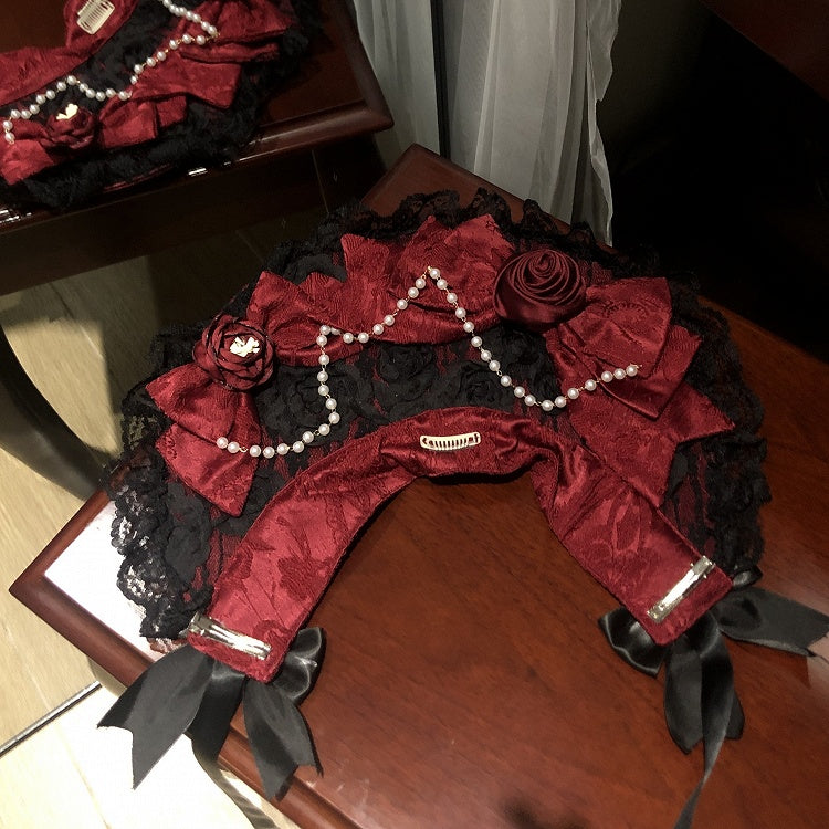 Chain Pink/Black Bonnet Black Decoration Red/Black Lace Rose Bead Bow with
