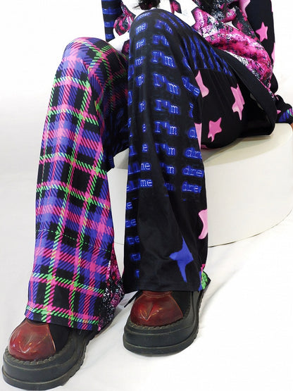 Pants Print Pattern Y2K Colorful Plaid And Wide-leg Skeleton Cut Star