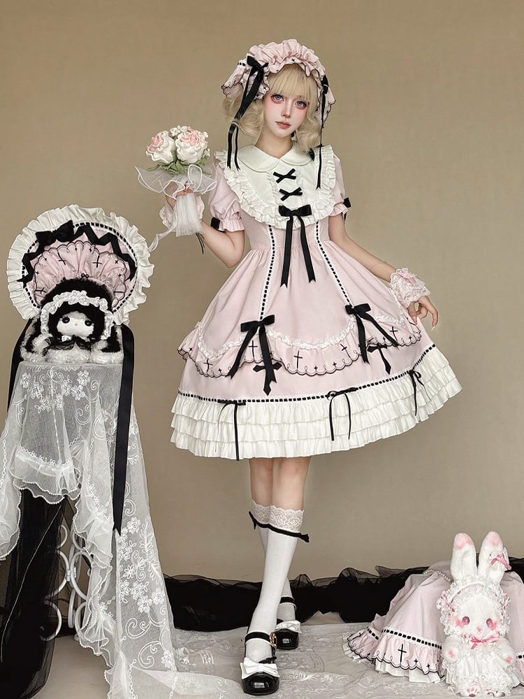 Short Sleeve Lolita OP with Cross Pattern & Ruffle Detail in Pink, Black Bow Accents - MUYU