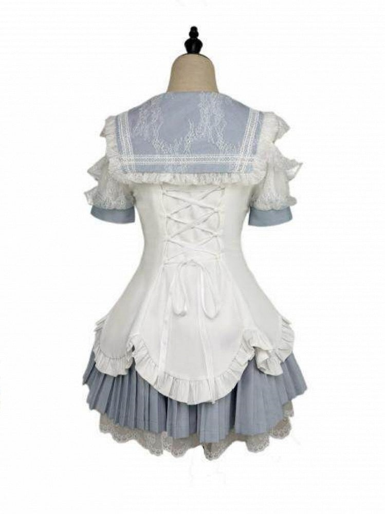 Landmine Style Blue and White Sailor Collar Cutout Shoulder Pleated Dress with Rhinestone Buttons Lace and Shorts - Broken Bear