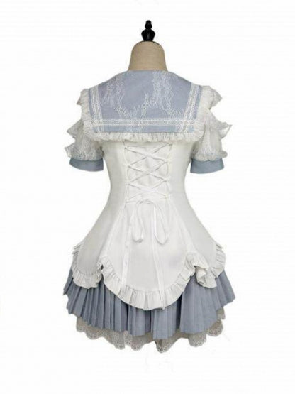 Landmine Style Blue and White Sailor Collar Cutout Shoulder Pleated Dress with Rhinestone Buttons Lace and Shorts - Broken Bear