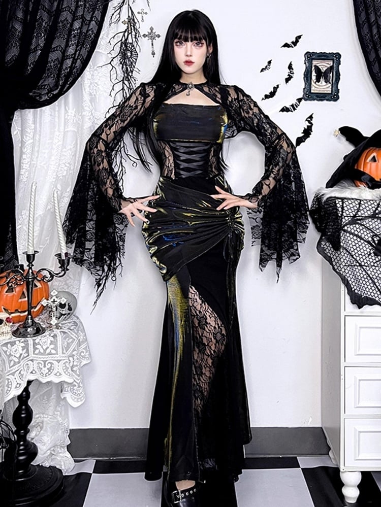 Black Metallic Slip Dress Mermaid Satin Lacing Gothic Halloween with Crisscross