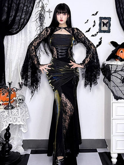 Black Metallic Slip Dress Mermaid Satin Lacing Gothic Halloween with Crisscross