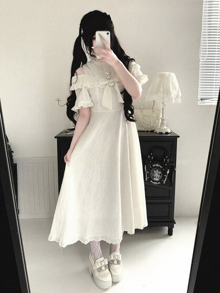 Extended Cutout Shoulder Jacquard Dress, Ruffle & Bow Trim, 4 Colors - Kitty Bxllet