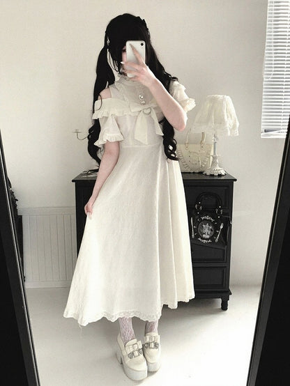 Extended Cutout Shoulder Jacquard Dress, Ruffle & Bow Trim, 4 Colors - Kitty Bxllet