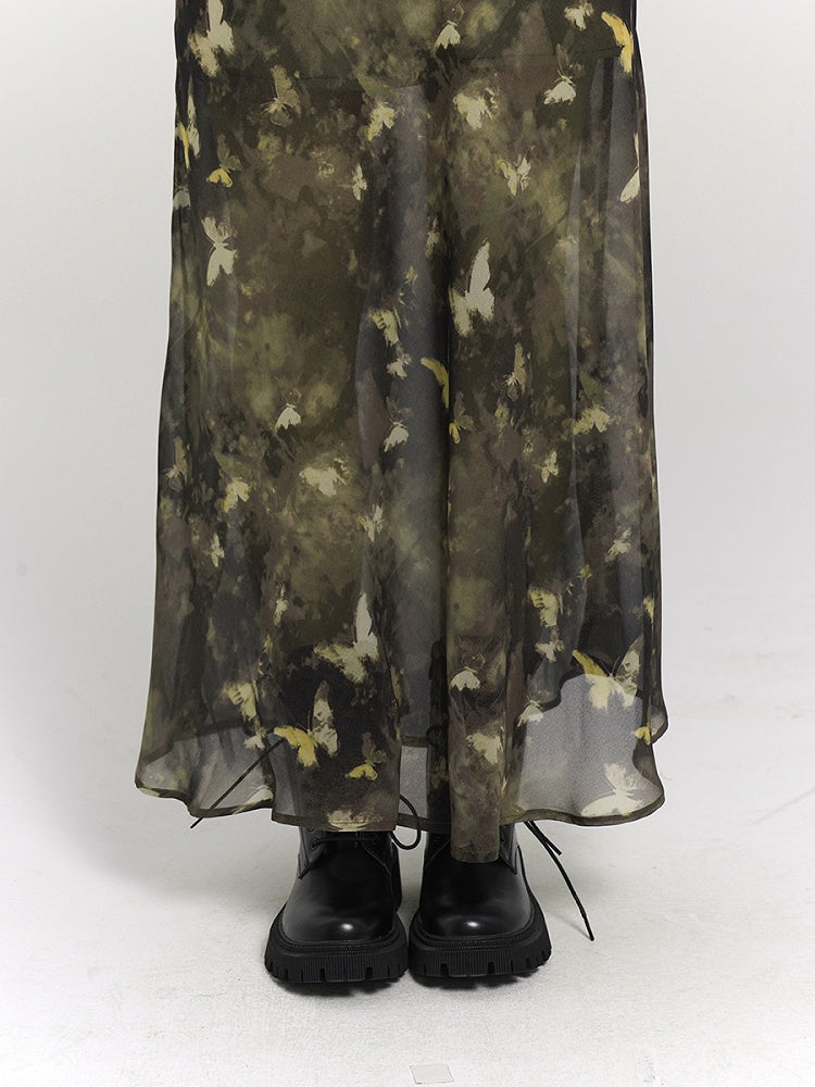 Tie-Strap Adjustable Print with Slip Green Butterfly Dress Ankle-Length Gothic