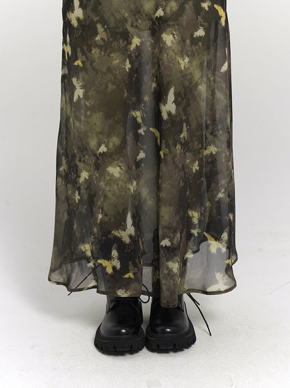 Tie-Strap Adjustable Print with Slip Green Butterfly Dress Ankle-Length Gothic