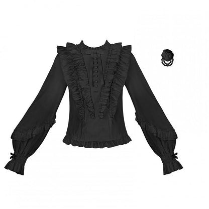 Black Lolita Balloon Sleeves Blouse with Rose Brooch - With PUJI