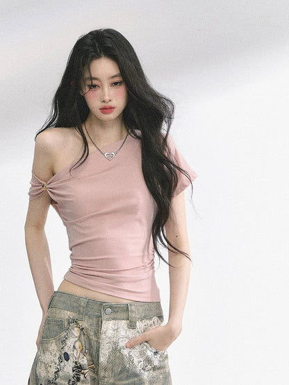 Blue/Pink Asymmetrical Neckline Slim-fitting T-shirt Navy