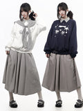 Kawaii Gray Pleated Long Skirt with Star Patch Accents - PINK SAVIOR