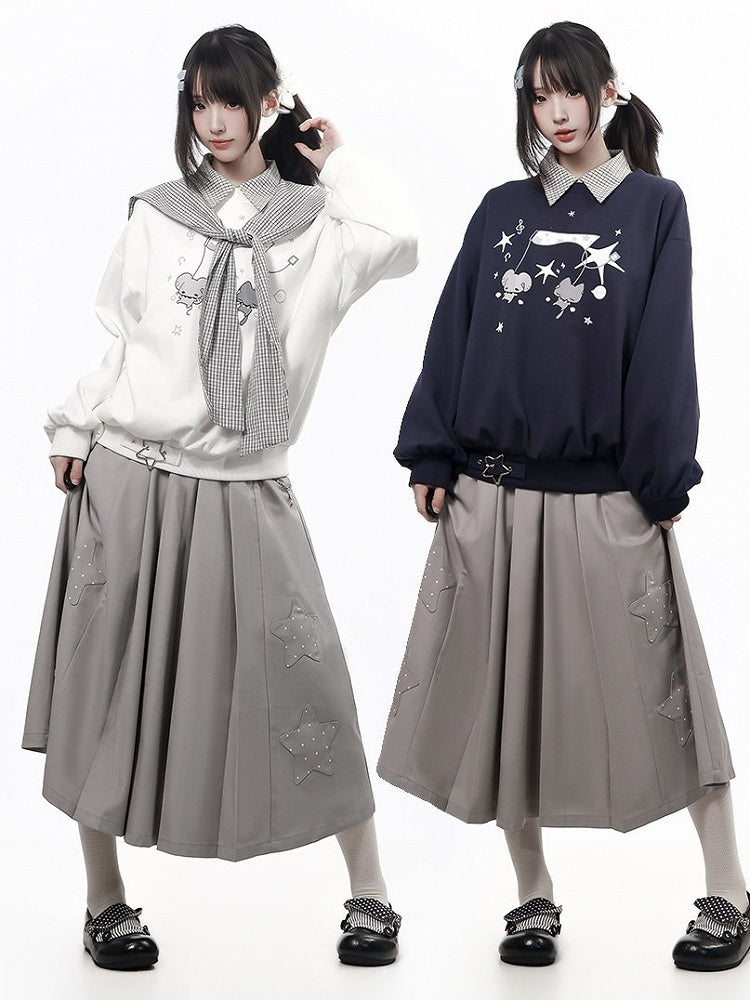 Kawaii Gray Pleated Long Skirt with Star Patch Accents - PINK SAVIOR