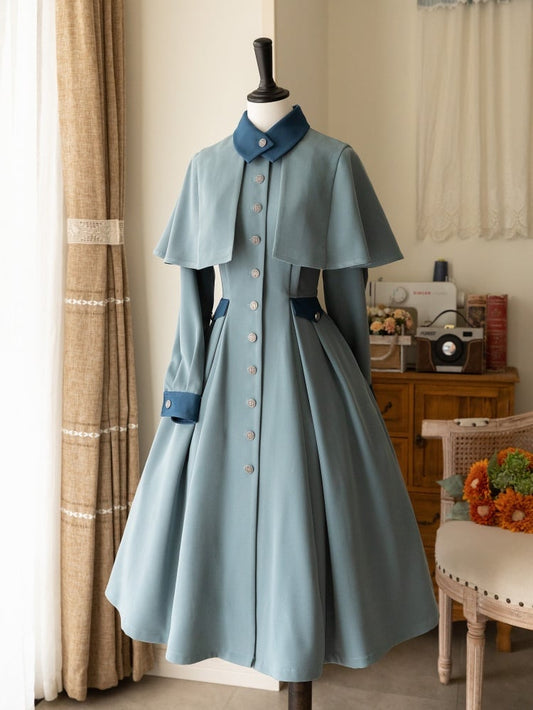 Beauxbatons Uniform Inspired Dusty Blue Elegant Vintage Front Button Placket One Piece with Detachable Cape