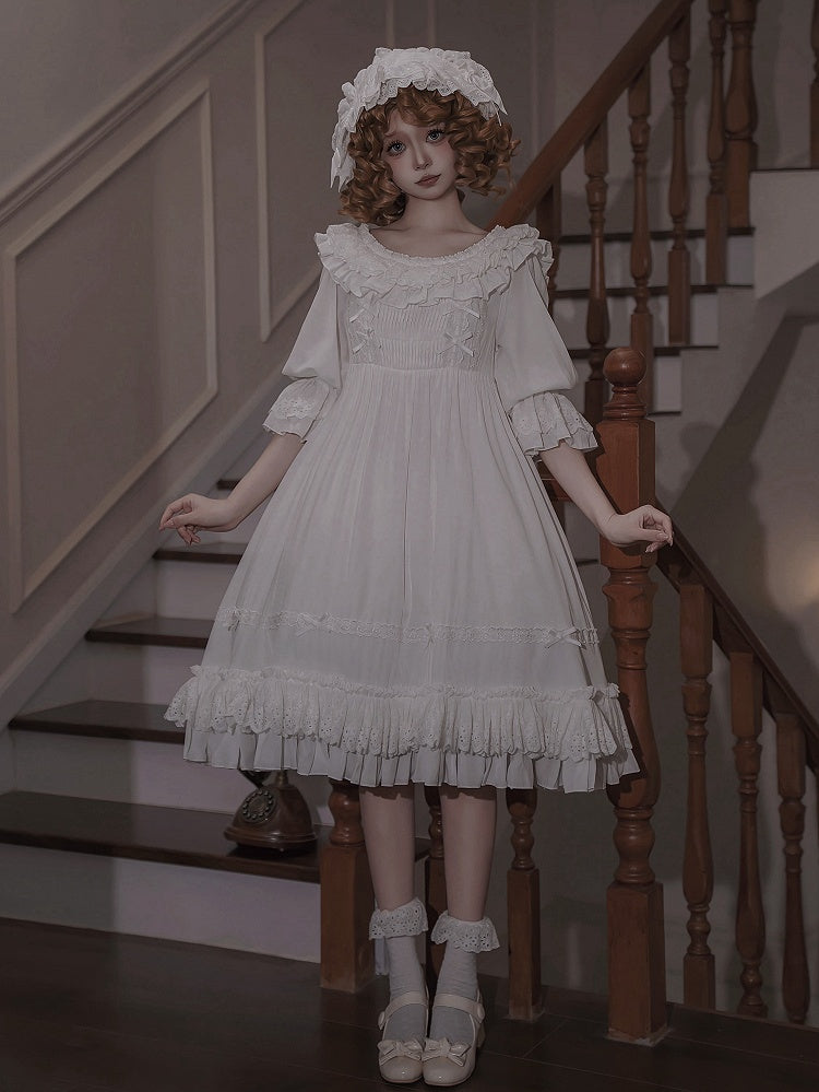 Weißes Lolita-Kleid mit kurzer Taille und hohen Ärmeln