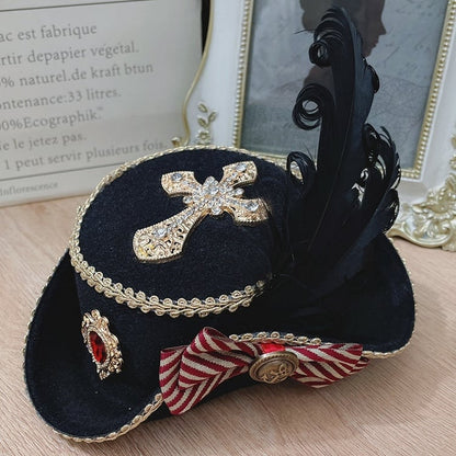 Blue/RedBlack/ All Decorated Rhinestone Feather Cross Pirate Mini Hat Black