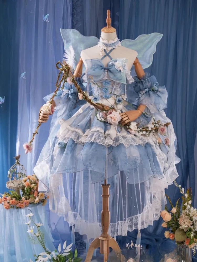 Volles Prinzessinnen-Blumen-Schmetterlings-Set-Design, blaues JSK Fairycore-Lolita-Kleid
