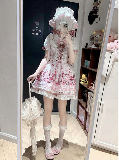 Pink Bunny and Cherry Print Short-Sleeve OP Dress with Matching Skirt - Doki Cherry