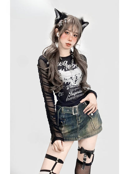 ヴィンテージ ダークブルー ダメージデニム グラマラス スカート カーゴポケット付き