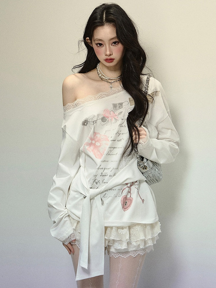 White Asymmetrical Neckline Printed Top with Tie Detail